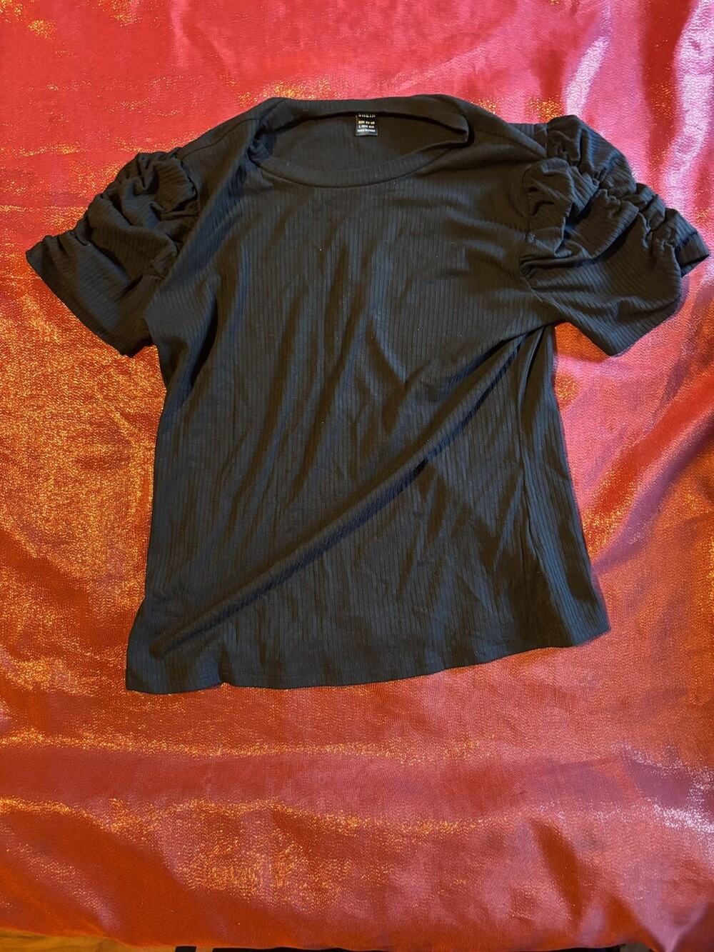 SHEIN Ribbed Knit Top Womens L Black Puff Sleeve Short Sleeve Crewneck Shirt